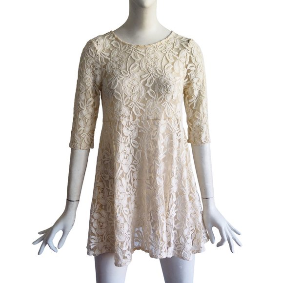 FREE PEOPLE Romantic Boho Ivory Floral Lace Babydoll Tunic Mini Dress Sz XS - Picture 1 of 8